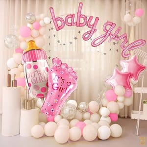 Set Of 42 Pcs Baby Girl Welcome Decoration Kit For Home / 15 White & 15 Pink Pastel Balloons, 1 Its A Girl! Welcome Pink Bottle , 2 Rosegold Star Foil Balloon, 1 Its A Girl! Welcome Pink Foot, 8 Letter Baby Girl Pink Foil Balloon For Kids Birthday Party New Born Baby Theme Decoration Kit  With Decorative Service At Your Place.