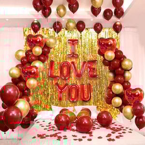 Elegant & Romantic Touch Of Red Gold I Love You Banner Balloons Perfect For Happy Decorations Kit Of 47Pc With Decoration Service At Your Place