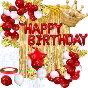 Golden And Red Happy Birthday Decoration Combo Kit With Banner, Balloons, Foil Curtain, Crown Foil 48Pcs For Birthday Decoration Boys, Kid With Decoration Service At Your Place