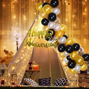 White Decoration Net With Led Fairy Lights And Black/Golden Balloon Combo - Set Of 26 Anniversary Party Celebration Wedding And Valentines Day Or Cabana Tent Decoration With Decoration Service At Your Place