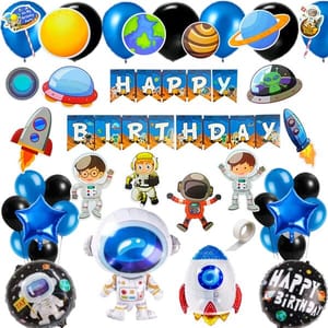 Birthday Decoration Kit Banner Planet Astronaut Cutouts Cake Topper Props Metallic Balloon Happy Birthday Space Theme Decoration For Boys (Pack Of 55, Multicolor) With Decoration Service At Your Place