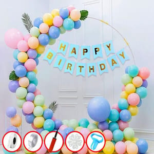 Rainbow Theme Birthday Party Decoration With Happy Birthday Backdrop Banner And Foil Balloons 56Pc With Decorative Service At Your Place.