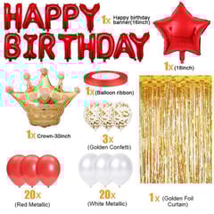 Golden And Red Happy Birthday Decoration Combo Kit With Banner, Balloons, Foil Curtain, Crown Foil 48Pcs For Birthday Decoration Boys, Kid With Decoration Service At Your Place