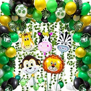 Jungle Safari Theme Exclusive Balloon Garland Kit With 12 Pieces Palm Leaves And 12 Pack Ivy Vines Leaf Garland Combo-78 Pcs With Decoration Service At Your Place