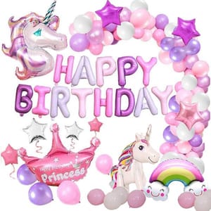Unicorn Birthday Decorations Balloons Combo Set With Foil Letters Banners Balloon, Latex, 4D Unicorn, Set For Girls Celebration/Photoshoot Ideas/1St Baby Bday- Multicolor - 51 Pieces  With Decoration Service At Your Place