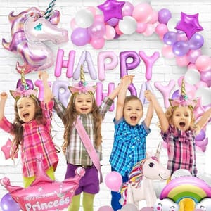 Unicorn Birthday Decorations Balloons Combo Set With Foil Letters Banners Balloon, Latex, 4D Unicorn, Set For Girls Celebration/Photoshoot Ideas/1St Baby Bday- Multicolor - 51 Pieces  With Decoration Service At Your Place