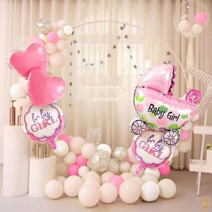 Set Of 35 Pcs -15 White,Pink Pastel Balloons,2 Printed Both Side Baby Girl,2 Pink Heart Foil Balloons,1 Baby Girl Pram Balloon For Kids New Born Baby Theme  With Decorative Service At Your Place.