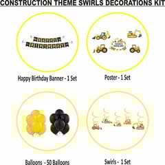 Construction Theme 1St Birthday Party Swirl Decoration Supplies Kit Including Jcb Posters Excavator Swirls Banner And Balloons (Yellow And Black) - Pack Of 56 Pieces  With Decorative Service At Your Place.