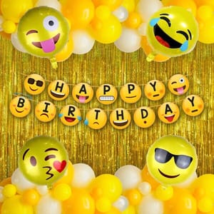 Emoji Theme Birthday Decoration Kit Combo - 46Pcs Bunting, Balloon, Foil Curtain, Foil Balloon Set For Kids, Boys,Girls Supplies/ Birthday Items/ Kids Birthday Decoration Items With Decorative Service At Your Place.