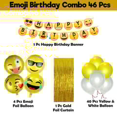 Emoji Theme Birthday Decoration Kit Combo - 46Pcs Bunting, Balloon, Foil Curtain, Foil Balloon Set For Kids, Boys,Girls Supplies/ Birthday Items/ Kids Birthday Decoration Items With Decorative Service At Your Place.
