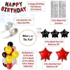 Mickey Mouse Theme Birthday Party Decoration Item Combo Pack Of 50, Mickey Happy Birthday Foil Banner, Foil Curtains, Mickey Foil Balloons Set, Metallic Balloons, Red And Black  With Decorative Service At Your Place.