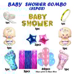 Baby Shower Golden Balloon Combo Decorations Set-52Pcs Latex, Star Foil Balloon, Baby Foot, Blue And Pink Theme Decoration With Foil Curtain For Maternity, Pregnancy  With Decorative Service At Your Place.