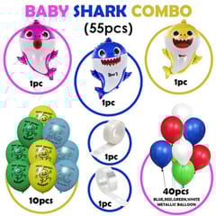 Baby Shark Theme Decoration Latex And Foil Balloons - 55Pcs Set Shark Printed Metallic Latex Balloon And Foil Balloons Kit (Multicolour) With Decorative Service At Your Place.