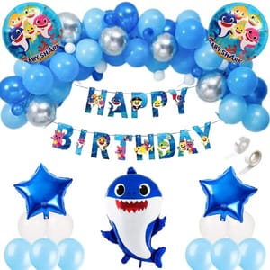 58 Pcs Happy Birthday Decoration Shark Birthday Theme Decoration Sea World Aquatic Theme Shark Foil Balloon Garland 1St Bday Decoration Items For Boy  With Decorative Service At Your Place.