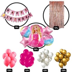 Barbie / Princess Theme Birthday Decoration For Girls 67Pc Combo - 60Pc Multicolor Balloons, 5Pc Princess Foil Balloon Set, 1 Pink Birthday Banner, 1Pc Rose Gold Curtain ( Princess Birthday Decoration )  With Decorative Service At Your Place.