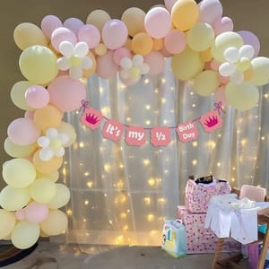 93 Pcs Half Happy Birthday Decoration Items For Baby Girl Combo, Pink,Peach,Yellow & White Birthday Decorations Color Set Balloons Kit For Baby Girl, White Net Curtain For Birthday Decoration With Led Lights , Backdrop For Decoration, Birthday Party Baby Photoshoot Props Decorations  With Decorative Service At Your Place.
