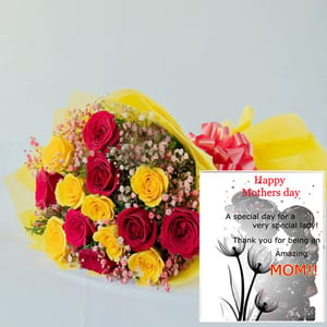 Roses with Yellow Paper Wrapping and MOM Greeting Card For Mother's Day Gift For Mom