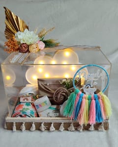 Baby Shower Hamper Gift Set of 7 item Includes towel,Onsie for newborn,Cap and mittens for newborn,Premium chocolate box ,Popcorn jar,Cloud light,Acrylic box with Bespoke