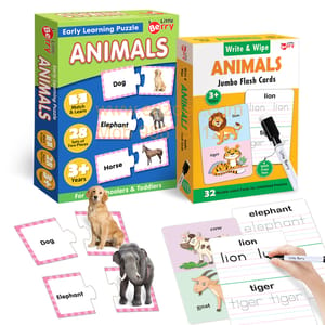 Animals Learning Puzzle (42 Pcs) & Flash Cards for Kids (32 Write & Wipe Cards)