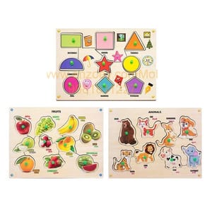 Wooden Puzzle with Knobs Educational and Learning Toy for Kids (Shapes, Fruit & Animal)