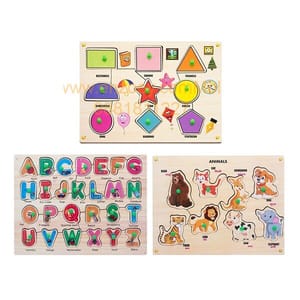 Wooden Puzzle with Knobs Educational and Learning Toy for Kids (Shapes, Alphabet & Animal)