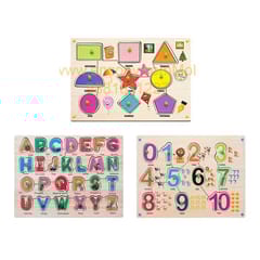 Wooden Puzzle with Knobs Educational and Learning Toy for Kids (Alphabet, Shapes & Number)