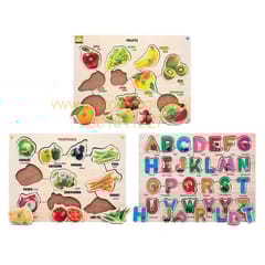 Wooden Puzzle with Knobs Educational and Learning Toy for Kids (Fruits-Alphabet-Vegetable)
