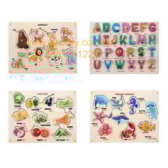 Wooden Puzzle with Knobs Educational and Learning Toy for Kids (Animal-Aquatic-Vegetable-Alphabet)