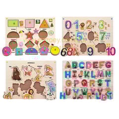 Wooden Puzzle with Knobs Educational and Learning Toy for Kids (Animal, Number, Alphabet & Shapes)