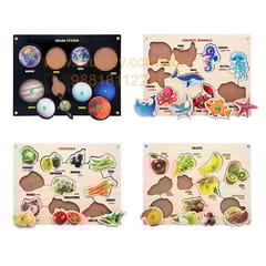 Wooden Puzzle with Knobs Educational and Learning Toy for Kids (Aquatic-Solar System-Vegetable-Fruits)