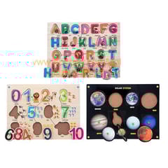 Wooden Puzzle with Knobs Educational and Learning Toy for Kids (Solar SYTEM-Number-Alphabet)