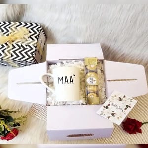 "I Love you MOM gift box"-One unbreakable tall mug,one sustainable coster,ferrero rocher chocolate,a greeting card For Festive gift