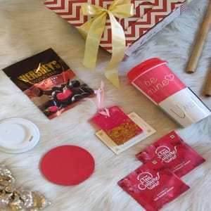 Valentine"s Mini Goodies Bag 2-Valentine"s Sipper & Coffee Cup,1 pack Hershey's Dark Chocolate,4 Flavoured Tea sachets,A Designer Coaster,Personalized Gift Card
 For Festive gift