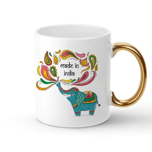 Made In India White Mug Golden Handle 330ml(11oz)Qty 1 Pc of Using white hard ceramic - Can be Customized As Per Requirement