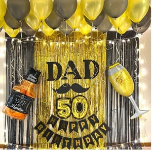 Happy Birthday Balloon Decoration ,( 50th Birthday Decoration ) , Decoration Theme- Gold & Black , Happy Birthday Decoration Service At Your Door-Step