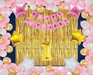 1st Happy Birthday Balloon Decoration ,Decoration Theme- Gold & Pink , Happy Birthday Decoration Service At Your Door-Step,( 1st Birthday Decoration )