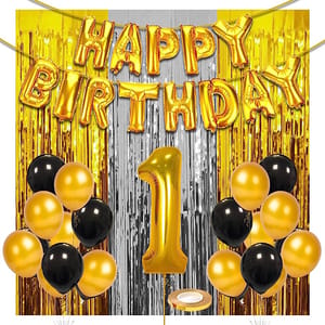 1st Happy Birthday Balloon Decoration ,Decoration Theme- Gold & Black , Happy Birthday Decoration Service At Your Door-Step,( 1st Birthday Decoration )