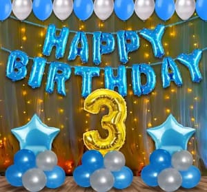 3rd Happy Birthday Balloon Decoration ,Decoration Theme-  For Boys Blue & Silver And For Girls Pink & Golden , Happy Birthday Decoration Service At Your Door-Step,( 3rd Birthday Decoration )