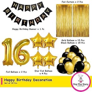 16th Happy Birthday Balloon Decoration ,( 16th Birthday Decoration )For Kids Girls ( Pink & Golden )& Boys (Gold & Black) Birthday Decoration, Happy Birthday Decoration Service At Your Door-Step,