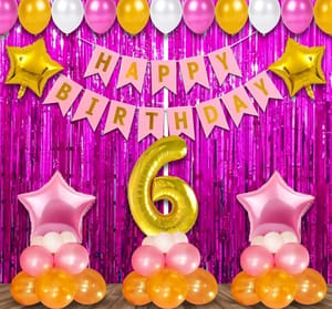 6th Happy Birthday Balloon Decoration ,Decoration Theme- For Boys Blue & Silver And For Girls Pink & Golden , Happy Birthday Decoration Service At Your Door-Step,(6th Birthday Decoration)