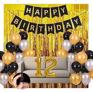 12th Happy Birthday Balloon Decoration ,Decoration Theme- For Kids Gold & Black , Happy Birthday Decoration Service At Your Door-Step,(12th Birthday Decoration)