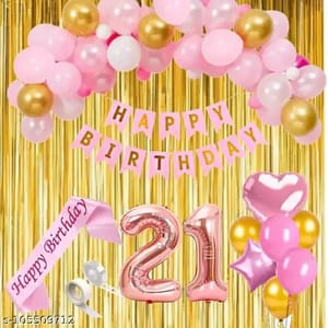 21st Happy Birthday Balloon Decoration , For Girls Decoration Theme-Golden & Pink ,Happy Birthday Decoration Service At Your Door-Step,( 21st Birthday Decoration For Girls )