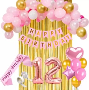 12th Happy Birthday Balloon Decoration , For Girls Decoration Theme-Golden & Pink ,Happy Birthday Decoration Service At Your Door-Step,( 12th Birthday Decoration For Girls )