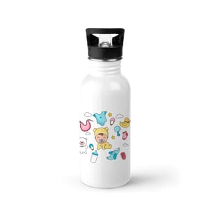 Baby Shower 2 Single Walled Steel White Bottle with Sipper Lid 600ml - Can be Customized As Per Requirement
