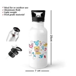 Baby Shower 2 Single Walled Steel White Bottle with Sipper Lid 600ml - Can be Customized As Per Requirement