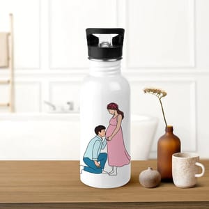 Awaiting Baby Single Walled Steel White Bottle with Sipper Lid 600ml - Can be Customized As Per Requirement