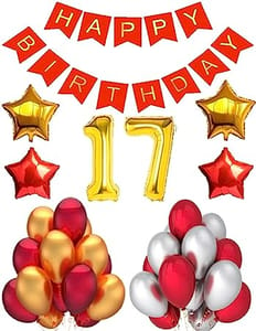 17th Happy Birthday Balloon Decoration , Decoration Theme-Golden & Red ,Happy Birthday Decoration Service At Your Door-Step,( 17th Birthday Decoration For Girls )