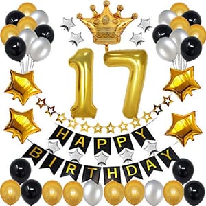 17th Happy Birthday Balloon Decoration , Decoration Theme-Golden & Black With Silver Happy Birthday Decoration Service At Your Door-Step,( 17th Birthday Decoration )