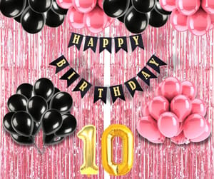 10th Happy Birthday Balloon Decoration ,Decoration Theme- For Girls Pink & Black , Happy Birthday Decoration Service At Your Door-Step,(10th Birthday Decoration)