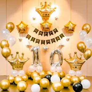 10th Happy Birthday Balloon Decoration ,Decoration Theme- For Kids Gold & Silver ,Black & White,Happy Birthday Decoration Service At Your Door-Step,(10th Birthday Decoration)